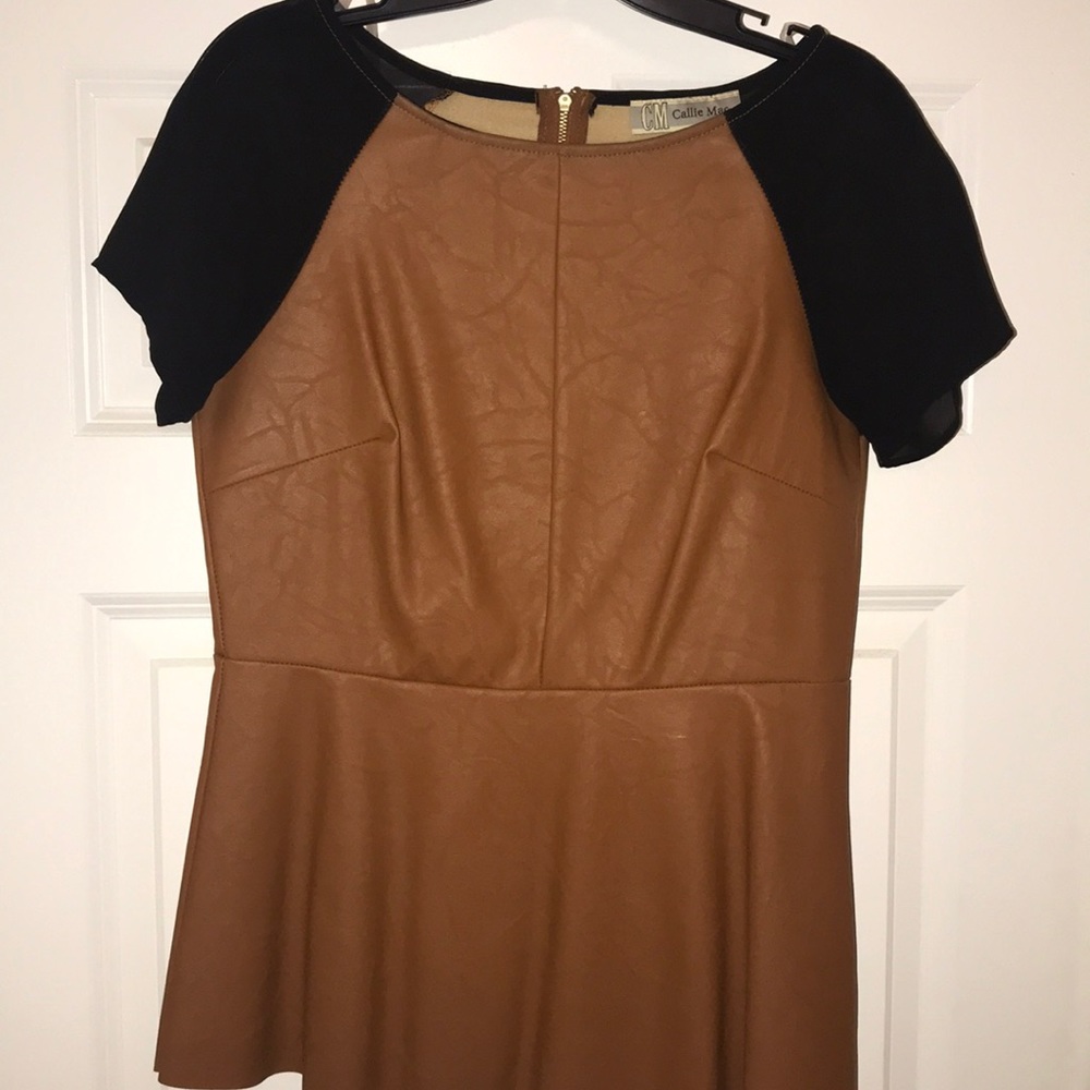 Trendy Faux Leather/Sheer Sleeve Peplum Top (M)